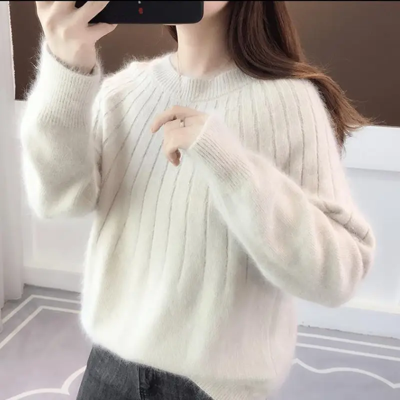 Women's Pink Lazy Pullover Sweater Round Neck 2021 - Image 3