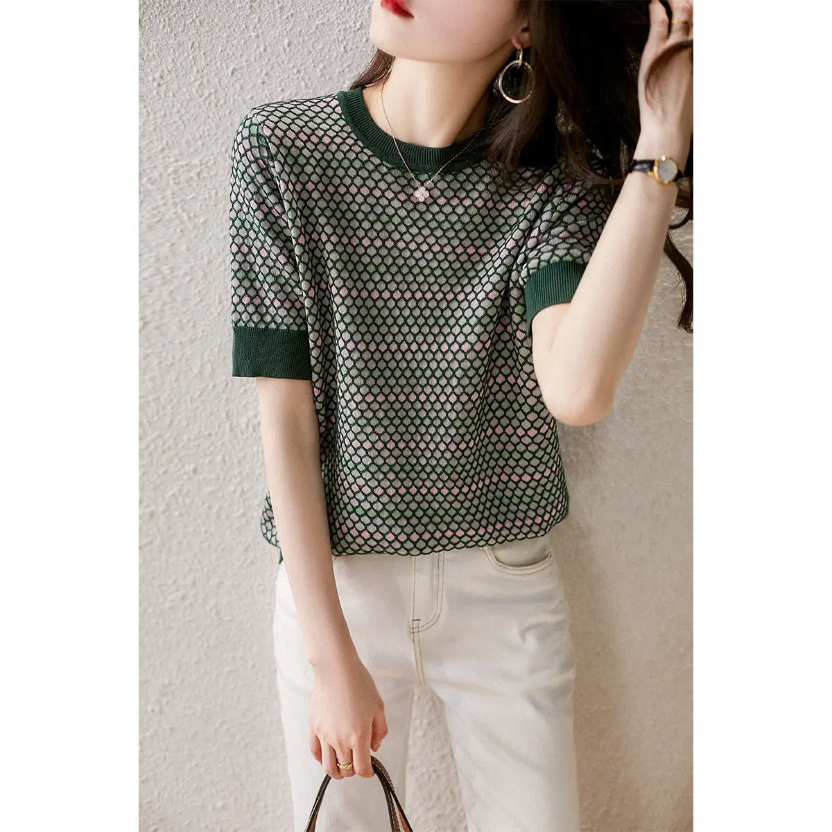 2024 Summer Women's Knitted Plaid T-Shirt Top - Image 4
