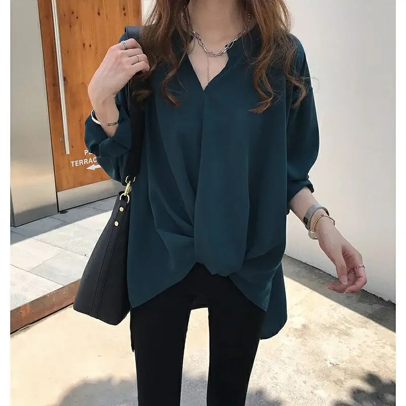 Women's Blue Chiffon Long Sleeve Shirt Large - Image 6