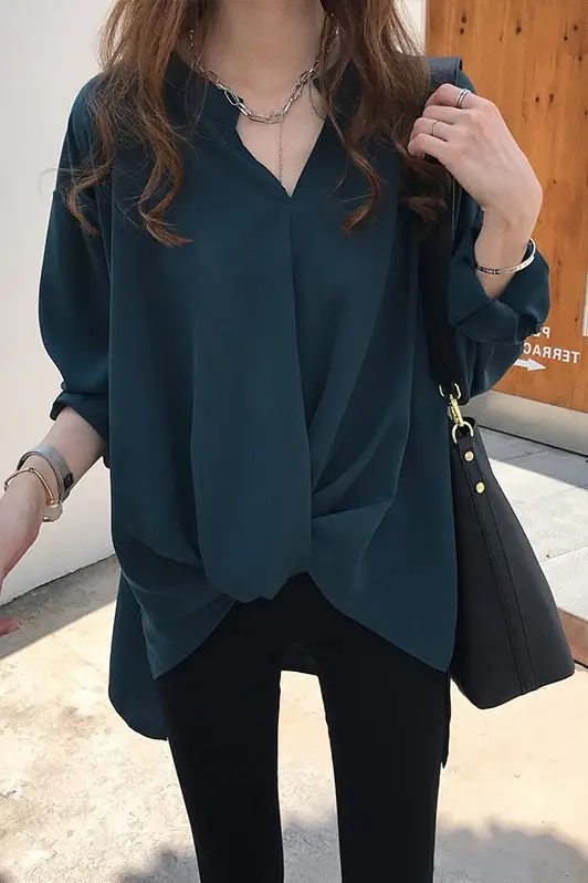 Women's Blue Chiffon Long Sleeve Shirt Large — feature 2