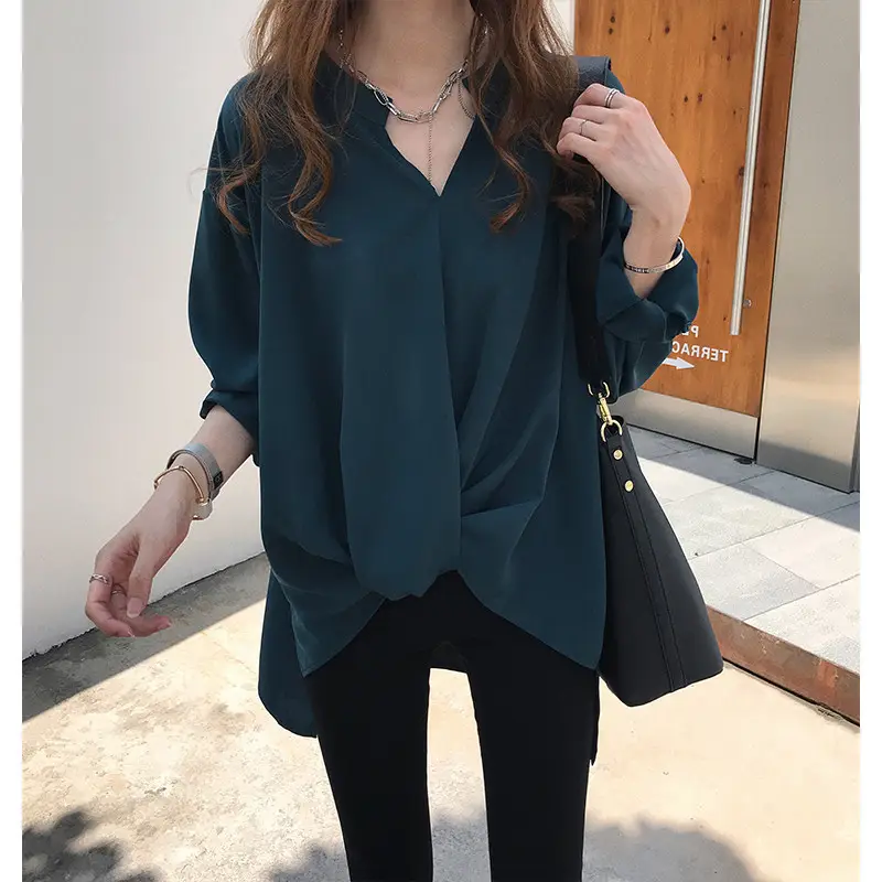 Women's Blue Chiffon Long Sleeve Shirt Large — feature 3