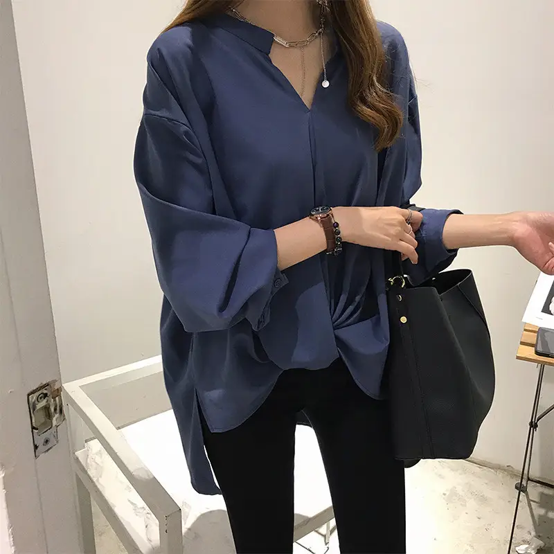 Women's Blue Chiffon Long Sleeve Shirt Large — feature 4