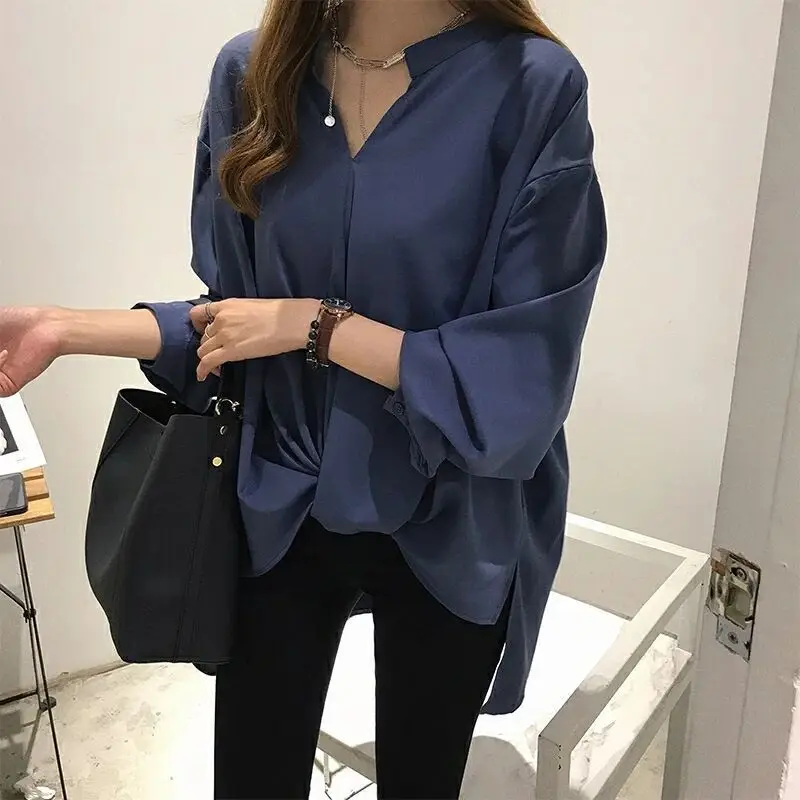 Women's Blue Chiffon Long Sleeve Shirt Large — feature 7