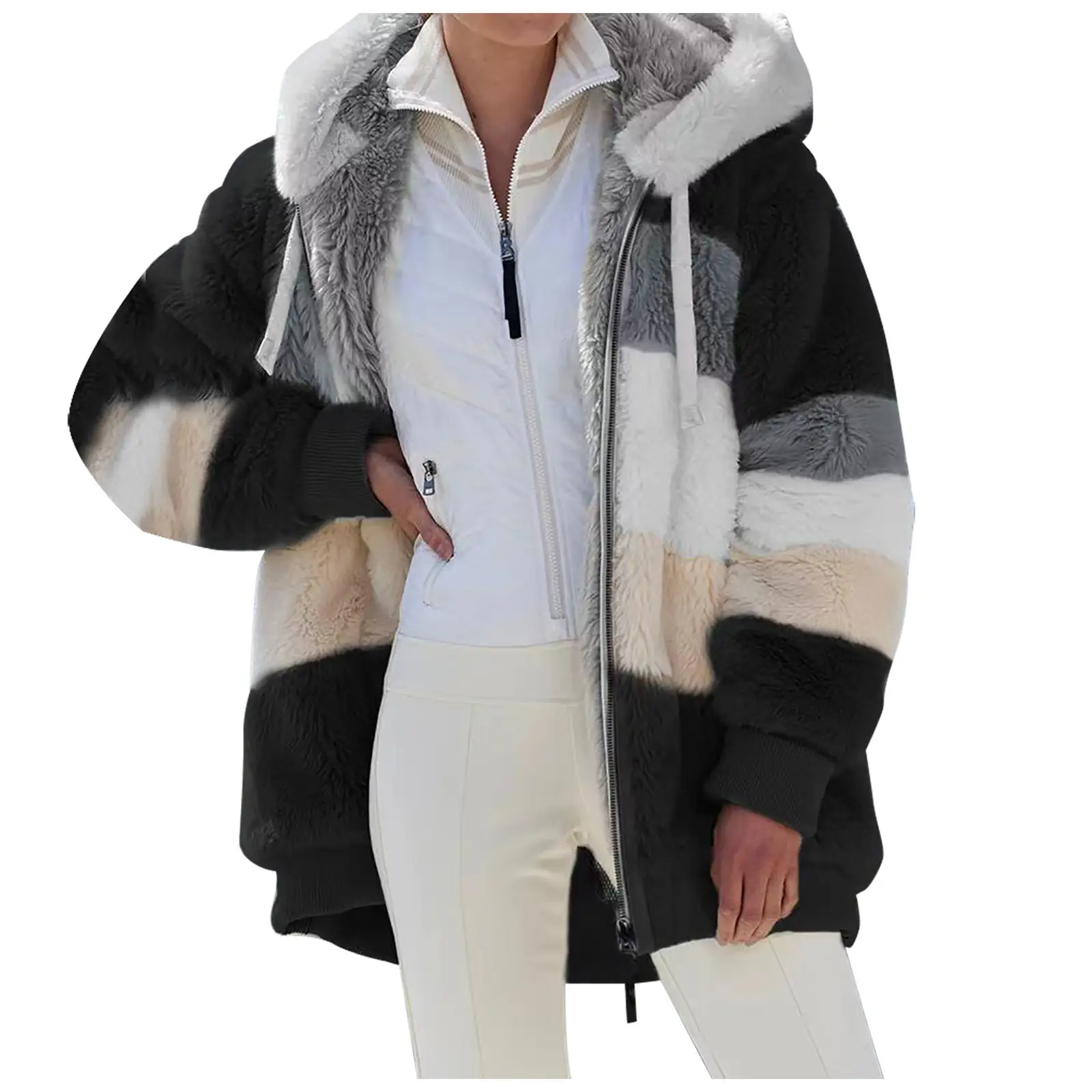 Women Hooded Jacket Multi Color Loose Plush Winter Warm
