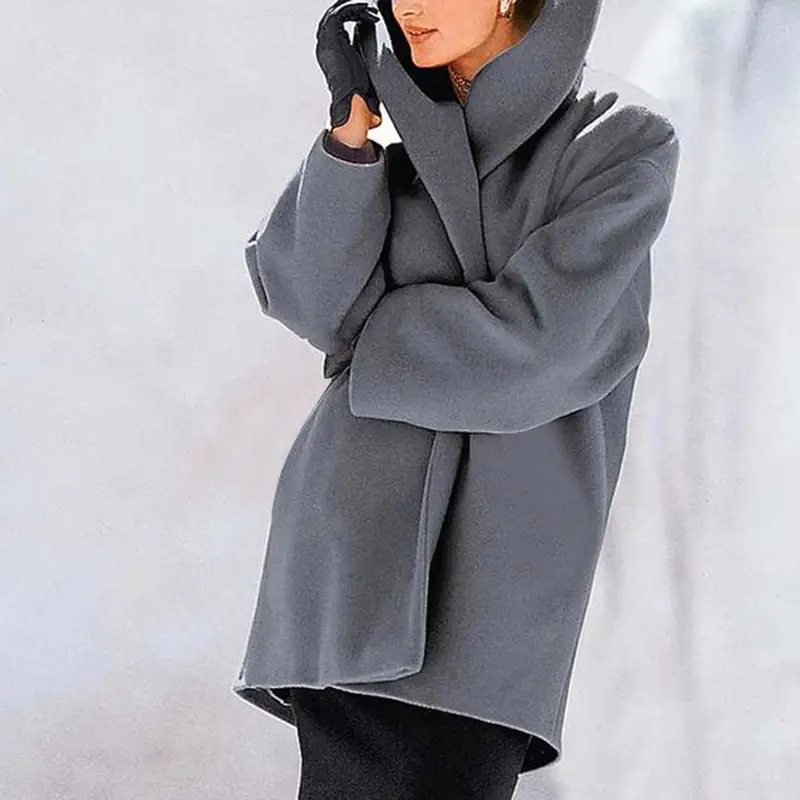 Double-Sided Tweed Hooded Coat Light Blue Women Winter - Image 4