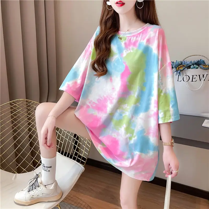 Women Tie-Dye Short Sleeve T-Shirt Mid Length Summer Loose