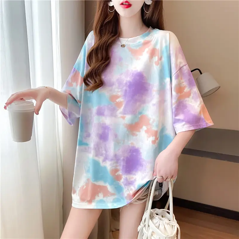 Women Tie-Dye Short Sleeve T-Shirt Mid Length Summer Loose