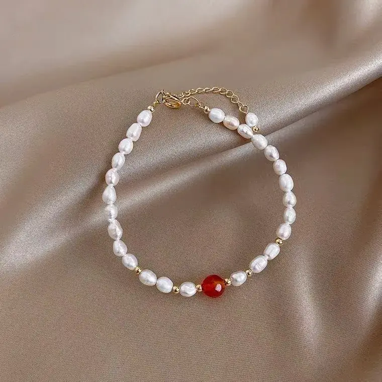 Pearl Beaded Bracelet with Red Crystal Drop - Image 3