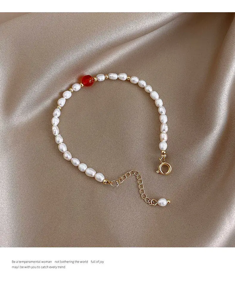 Pearl Beaded Bracelet with Red Crystal Drop — feature 14