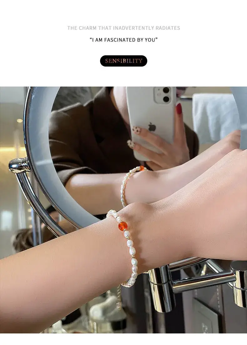 Pearl Beaded Bracelet with Red Crystal Drop — feature 4