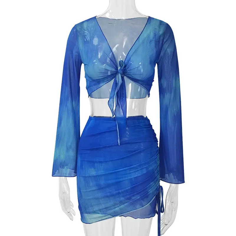 Blue Tie-Dye Mesh Top & Skirt Set for Hot Girls - Image 10