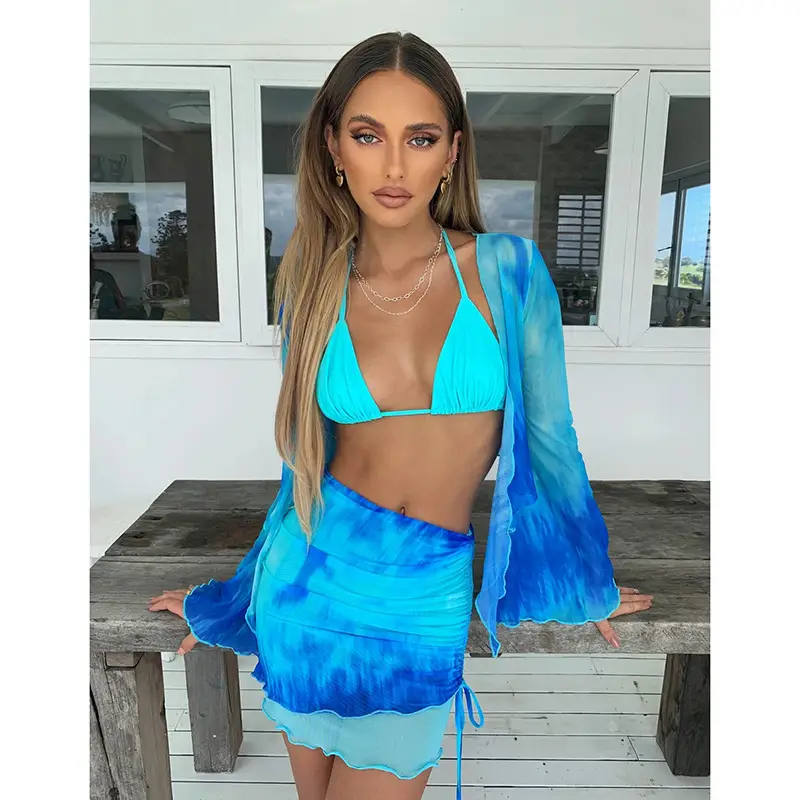 Blue Tie-Dye Mesh Top & Skirt Set for Hot Girls — feature 10