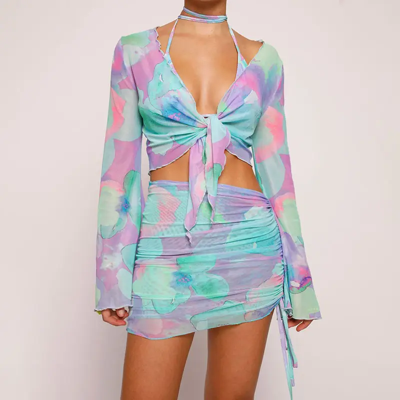 Blue Tie-Dye Mesh Top & Skirt Set for Hot Girls — feature 16