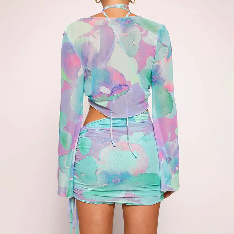Blue Tie-Dye Mesh Top & Skirt Set for Hot Girls — feature 17