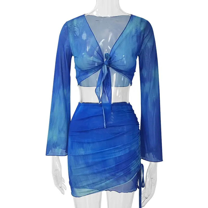 Blue Tie-Dye Mesh Top & Skirt Set for Hot Girls — feature 20