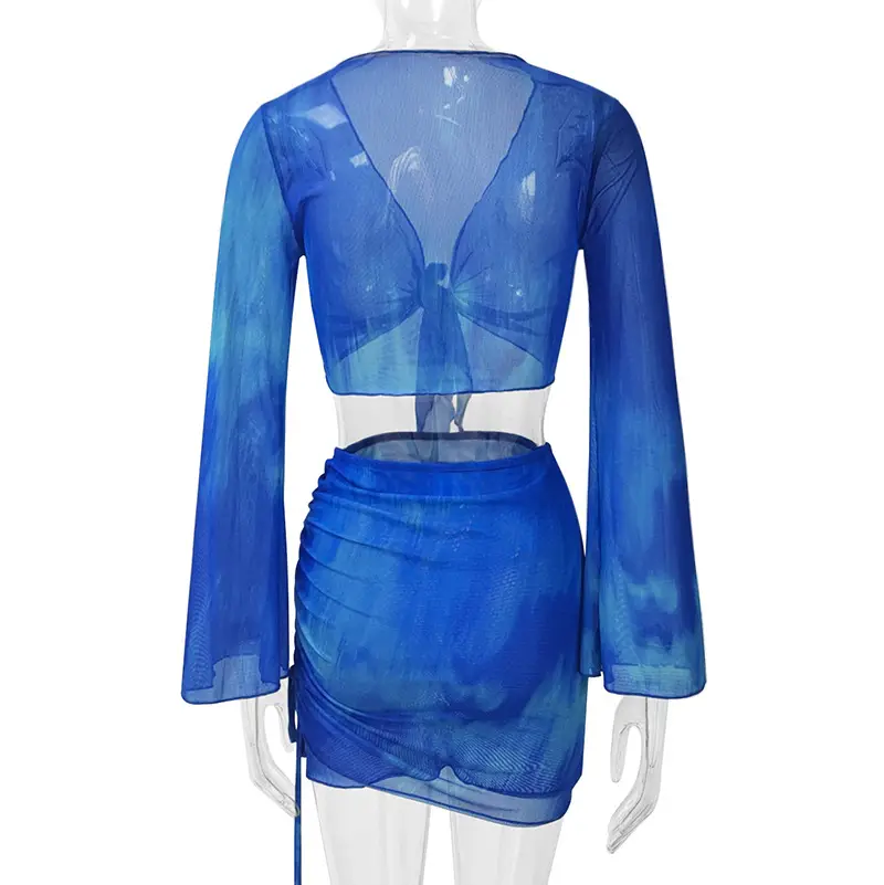 Blue Tie-Dye Mesh Top & Skirt Set for Hot Girls — feature 23