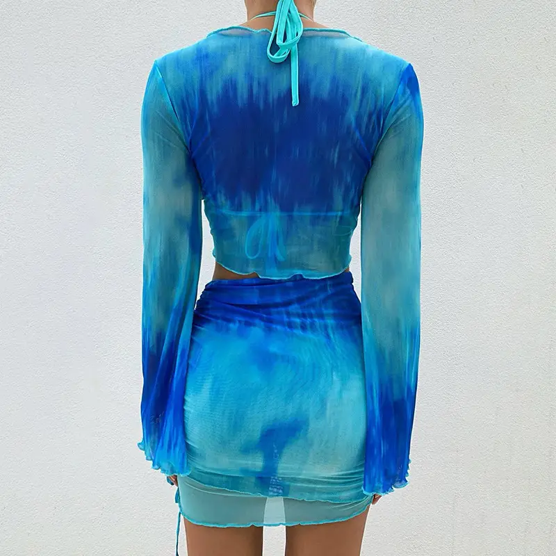 Blue Tie-Dye Mesh Top & Skirt Set for Hot Girls — feature 9