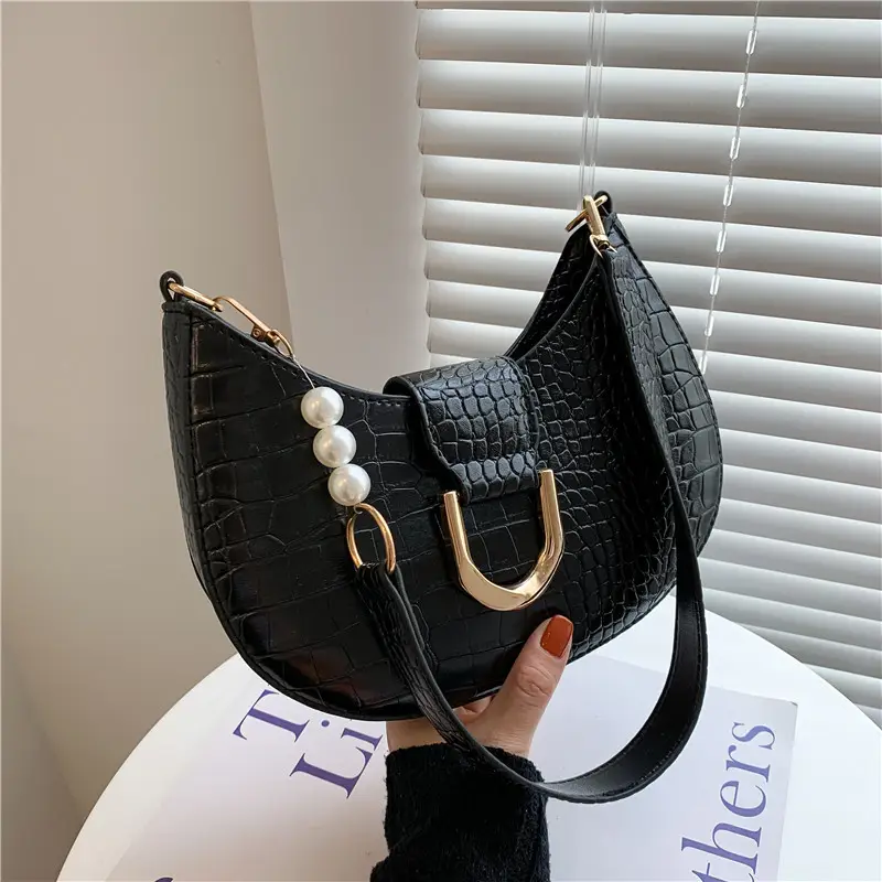 White Croc Texture Shoulder Bag with Pearl Strap - Image 6