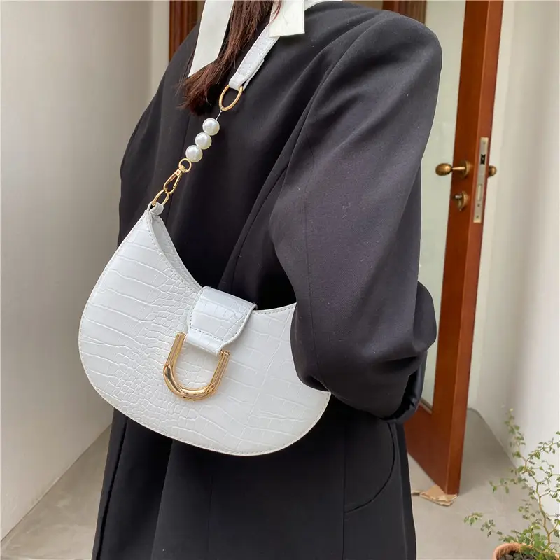 White Croc Texture Shoulder Bag with Pearl Strap - Image 7