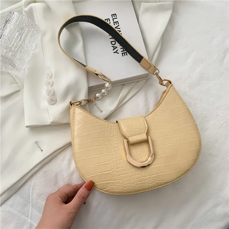 White Croc Texture Shoulder Bag with Pearl Strap - Image 2