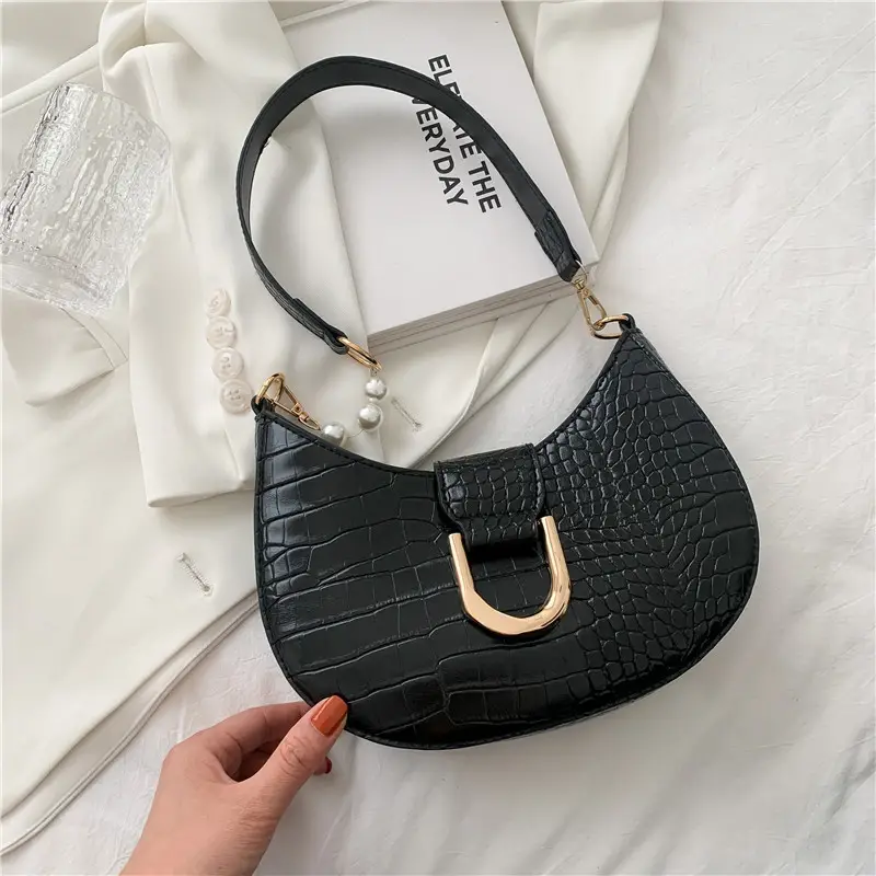 White Croc Texture Shoulder Bag with Pearl Strap - Image 3