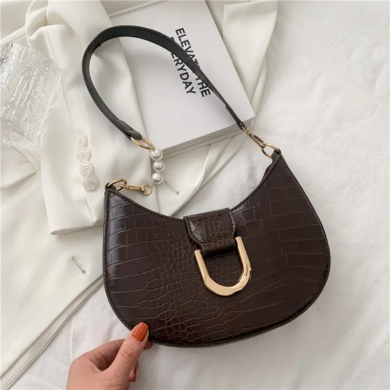 White Croc Texture Shoulder Bag with Pearl Strap - Image 4
