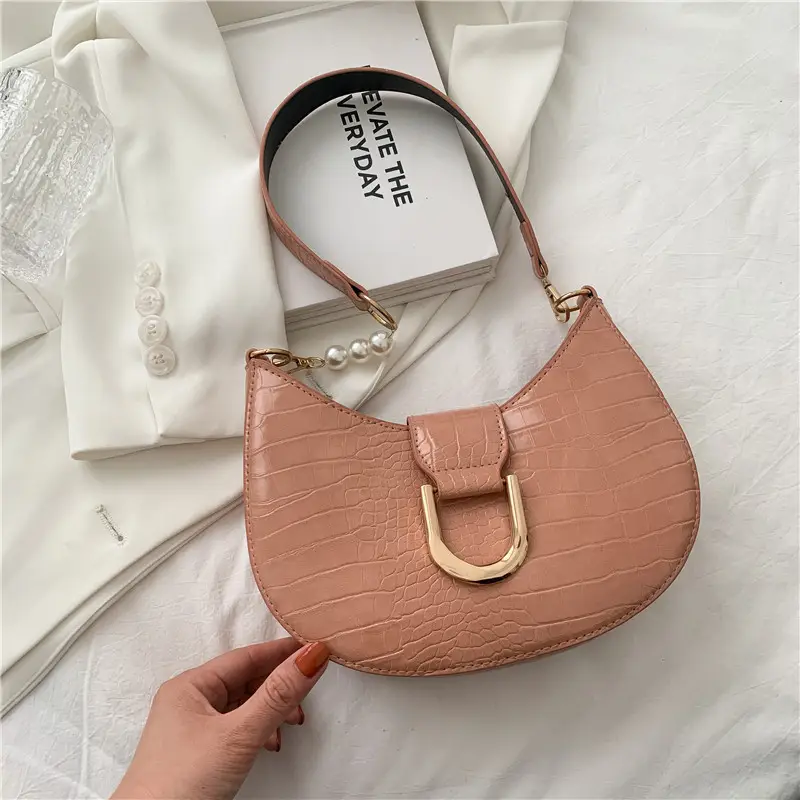 White Croc Texture Shoulder Bag with Pearl Strap - Image 5
