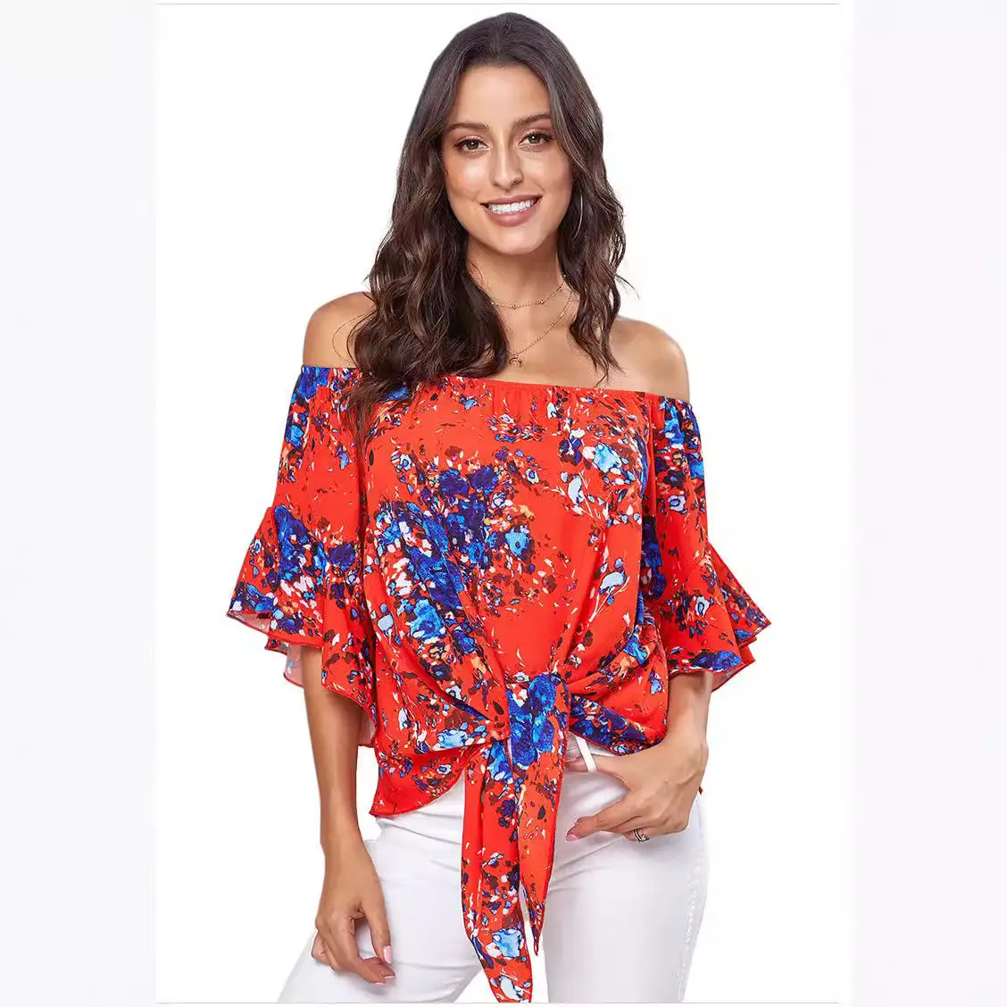 2022 Off-Shoulder Printed Knotted Women's Top - Image 5