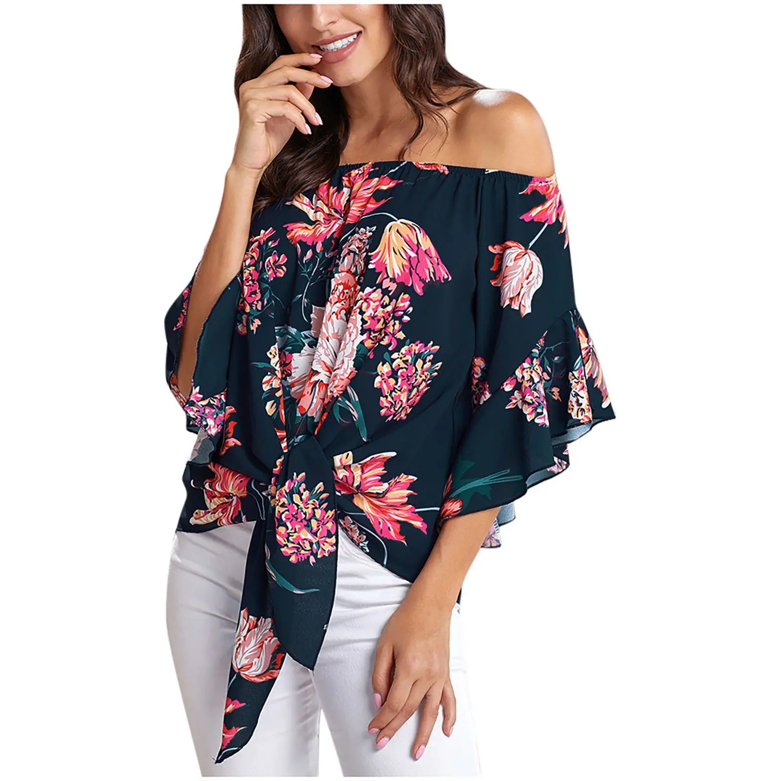 2022 Off-Shoulder Printed Knotted Women's Top - Image 6