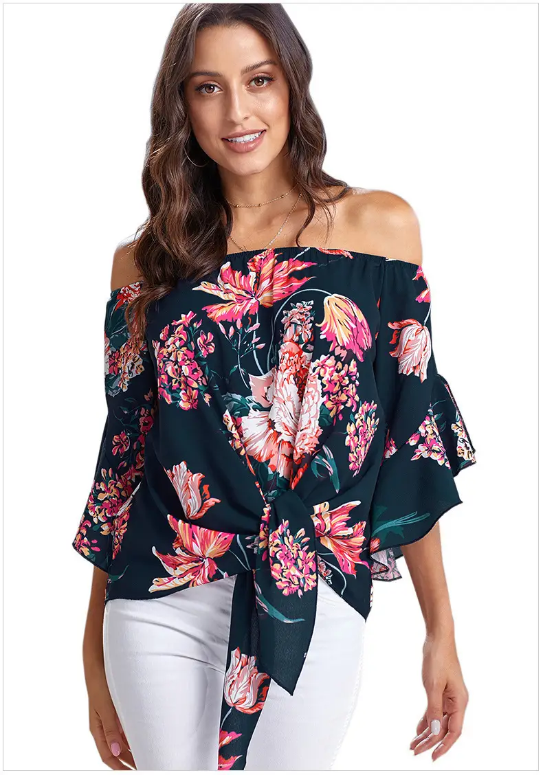 2022 Off-Shoulder Printed Knotted Women's Top - Image 2