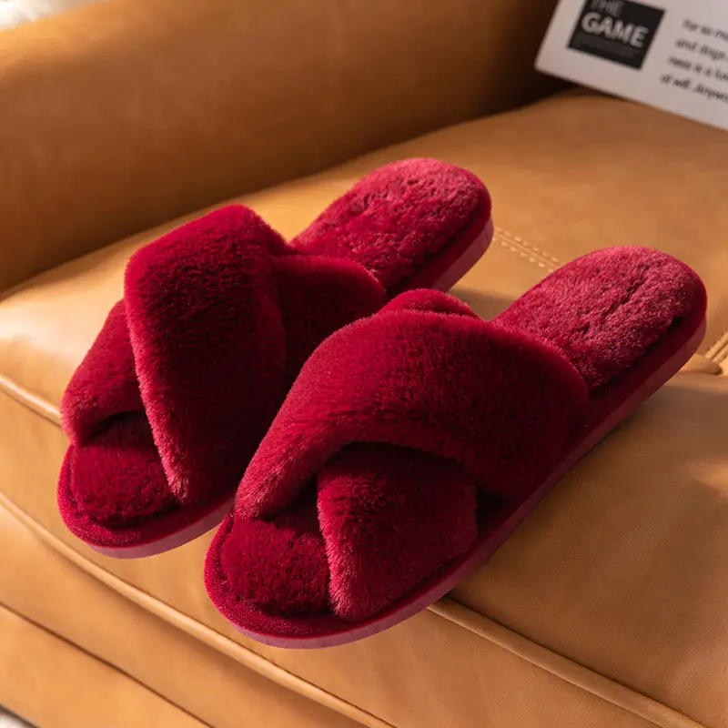 Amazon Explosions Cross Plush Slippers Autumn and Winter New Indoor Warm Cotton Slippers Thickened Leaky Toe Mao Mao Slippers