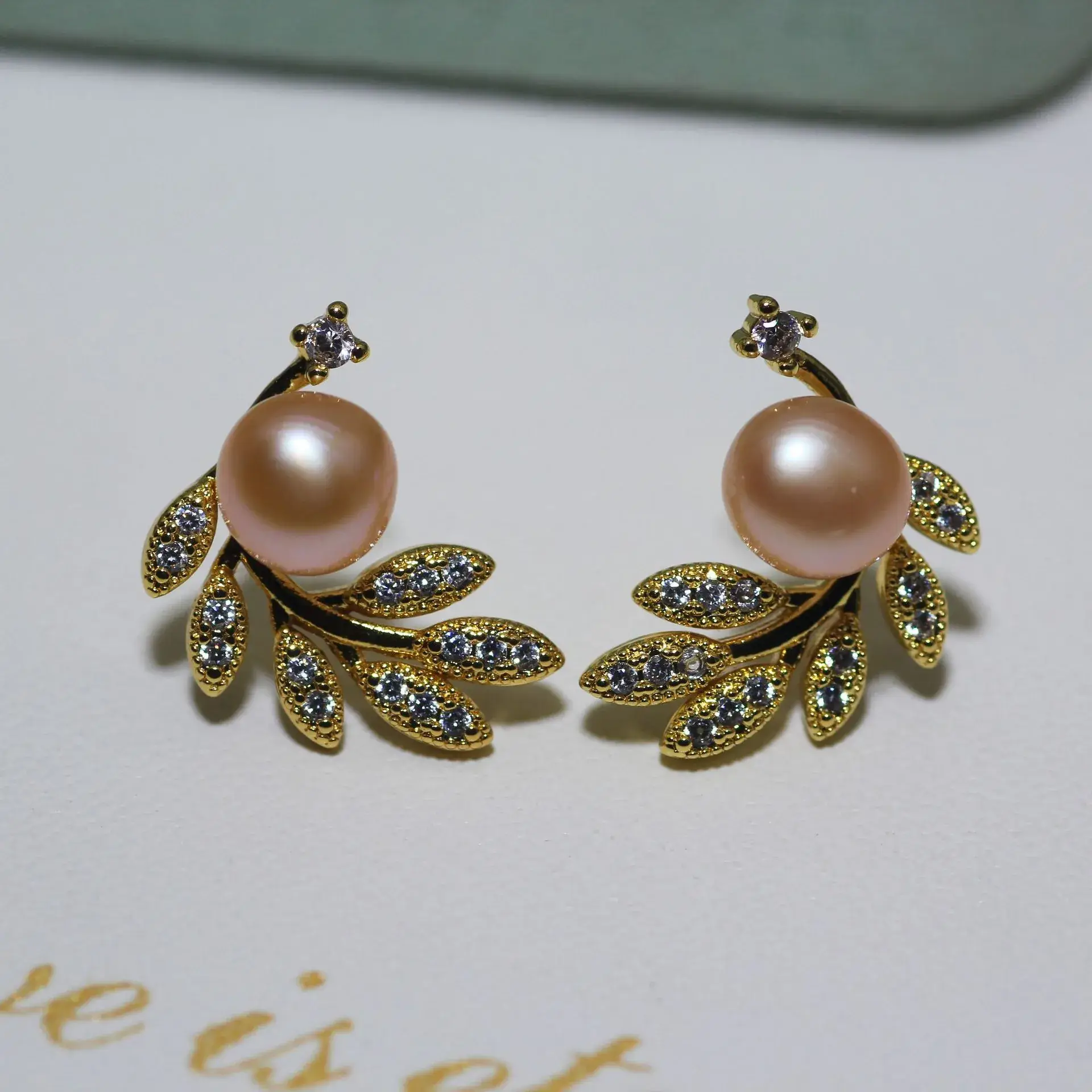 Pearl Earrings Gold Branch Design Vintage Style - Image 2