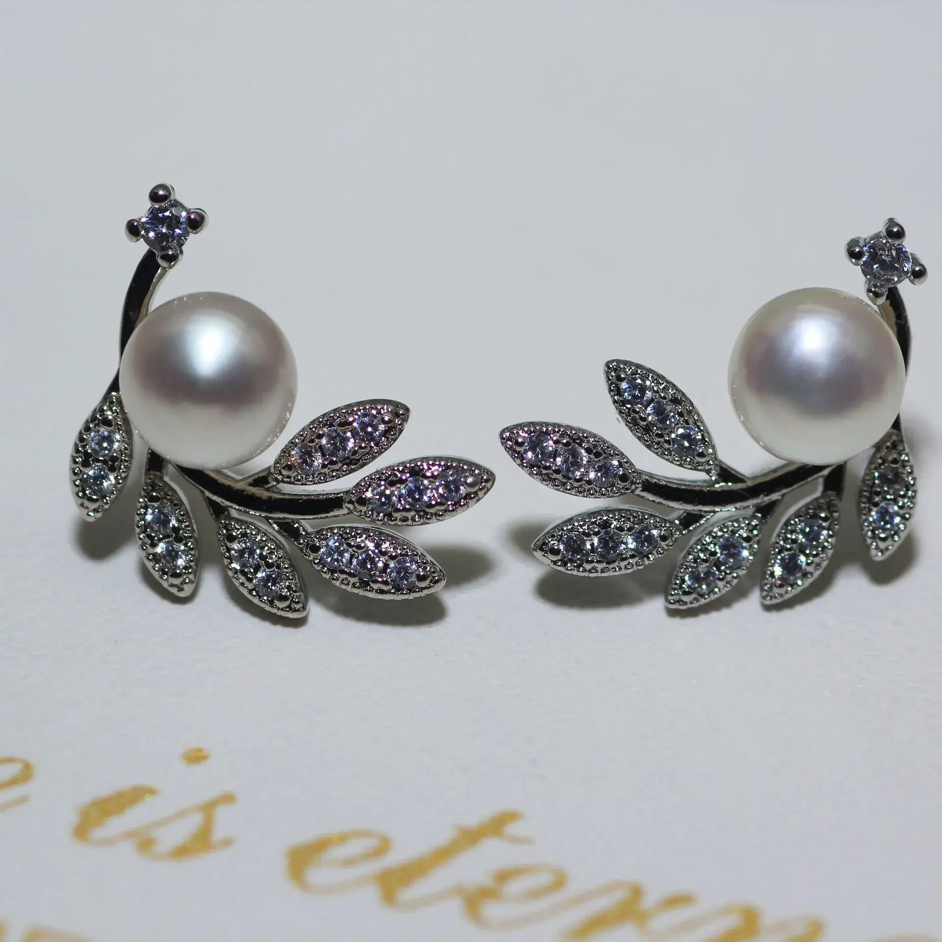 Pearl Earrings Gold Branch Design Vintage Style - Image 4