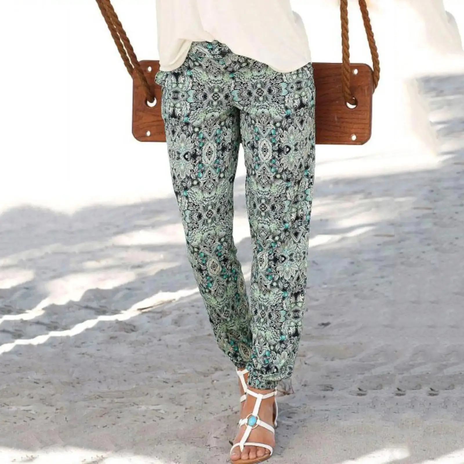 Women's Tropical Leaf High Waist Slim Fit Pants - Image 7