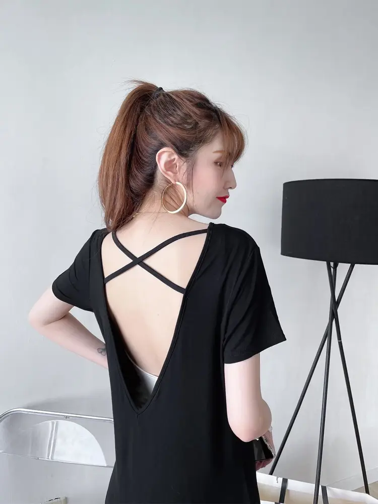 Women's Green Backless T-Shirt Mid Length Short Sleeve
