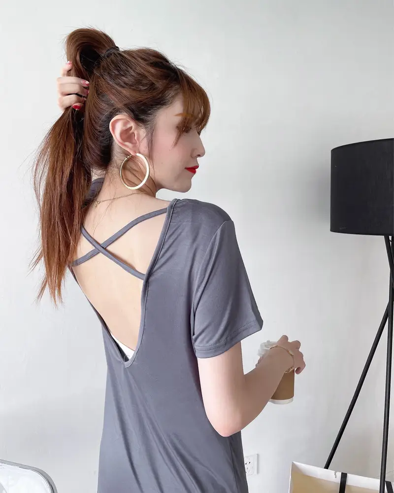 Women's Green Backless T-Shirt Mid Length Short Sleeve — feature 10