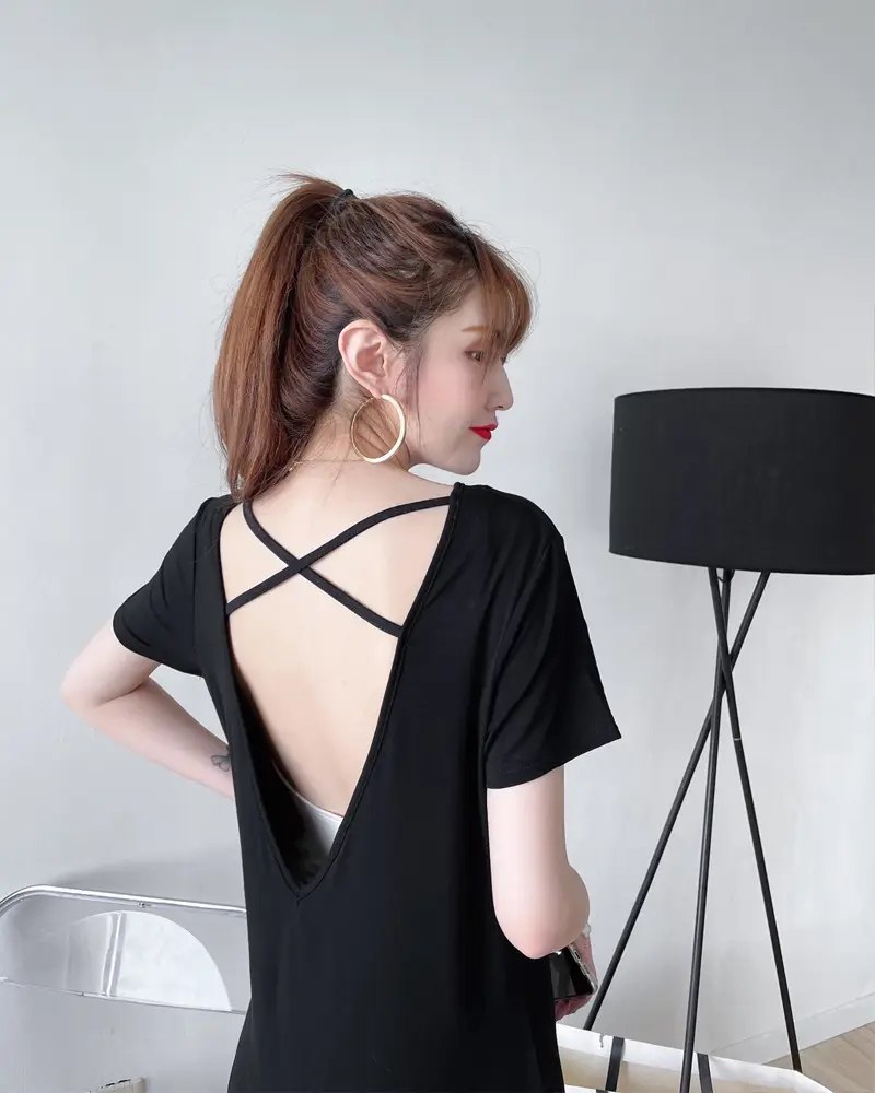 Women's Green Backless T-Shirt Mid Length Short Sleeve — feature 13