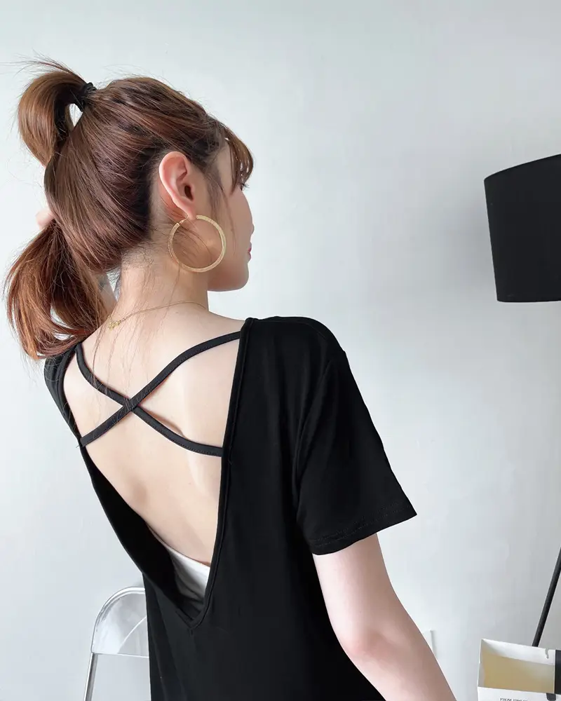 Women's Green Backless T-Shirt Mid Length Short Sleeve — feature 14