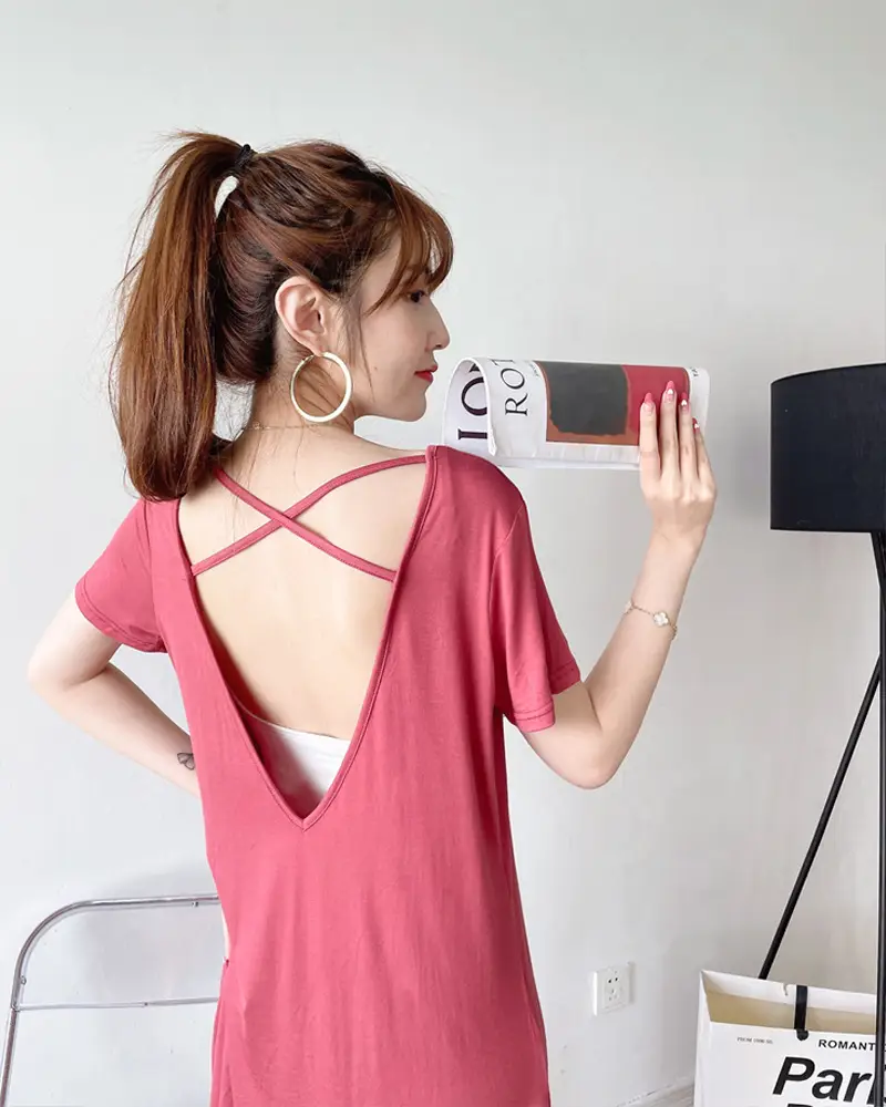 Women's Green Backless T-Shirt Mid Length Short Sleeve — feature 18