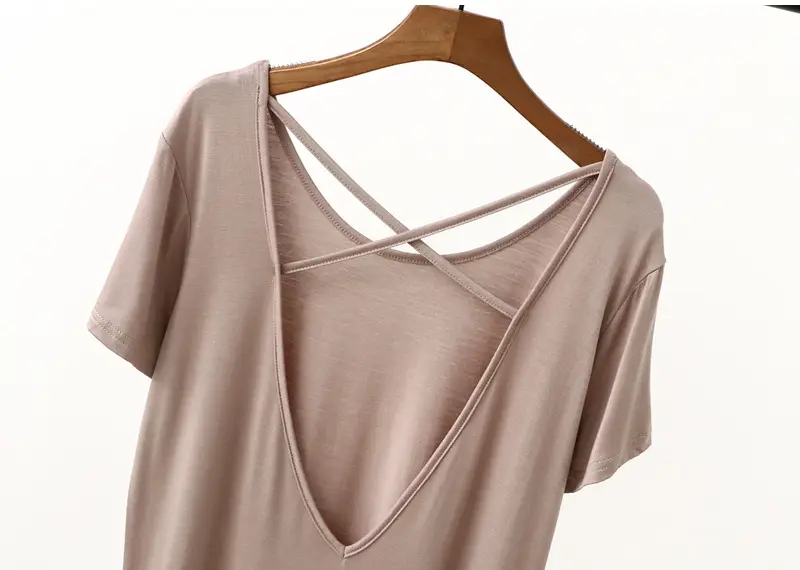 Women's Green Backless T-Shirt Mid Length Short Sleeve — feature 34