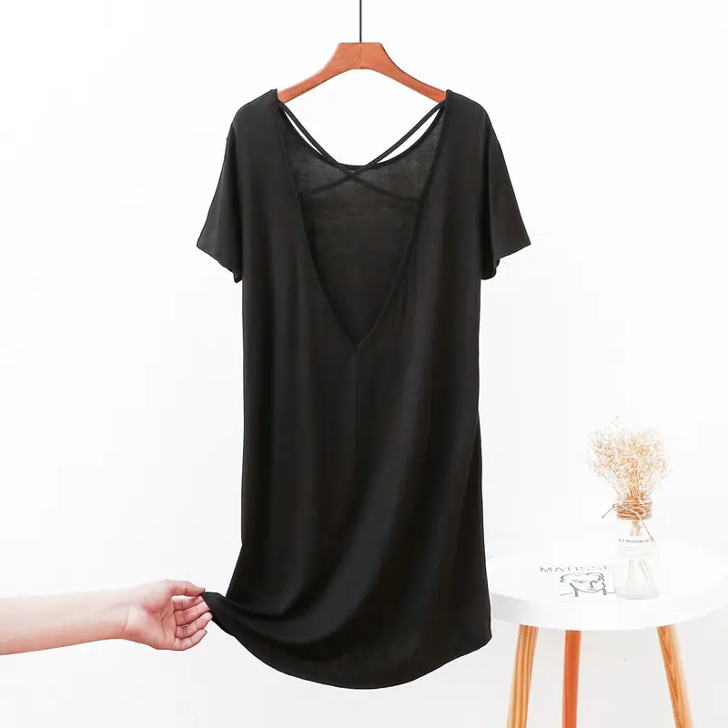 Women's Green Backless T-Shirt Mid Length Short Sleeve