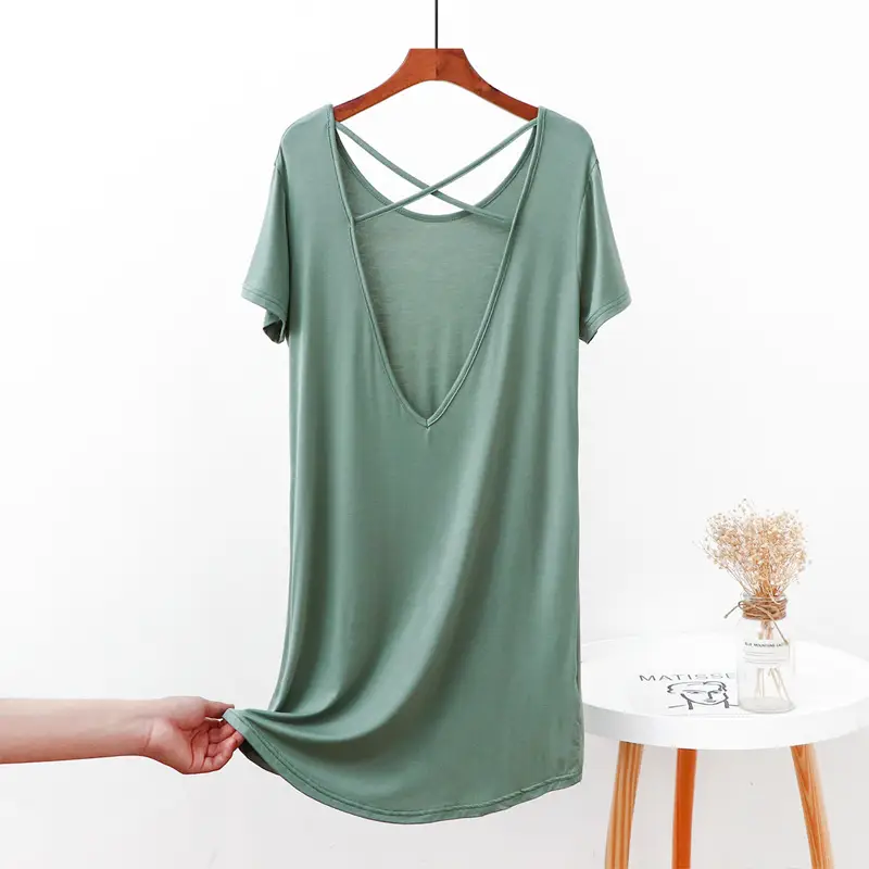 Women's Green Backless T-Shirt Mid Length Short Sleeve