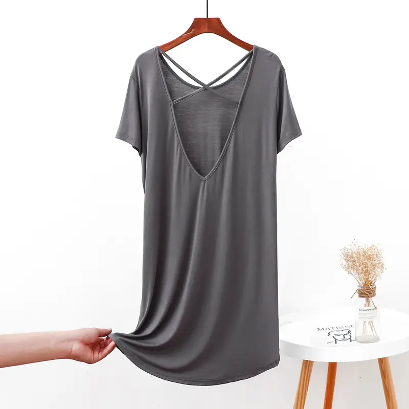 Women's Green Backless T-Shirt Mid Length Short Sleeve