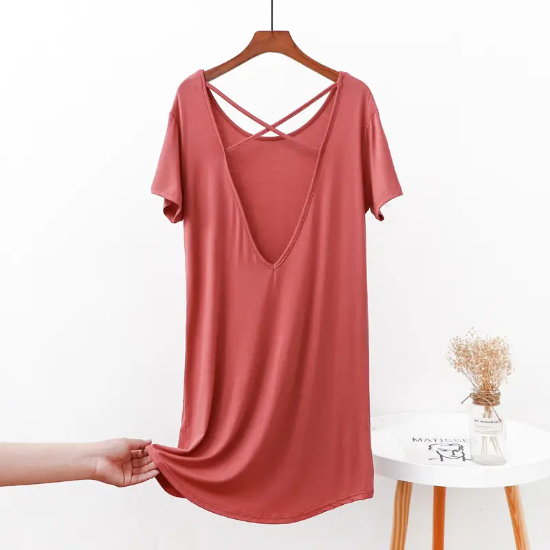 Women's Green Backless T-Shirt Mid Length Short Sleeve