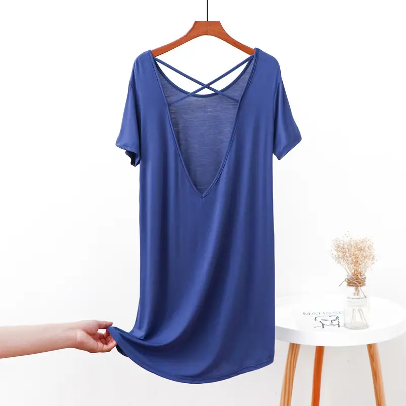 Women's Green Backless T-Shirt Mid Length Short Sleeve