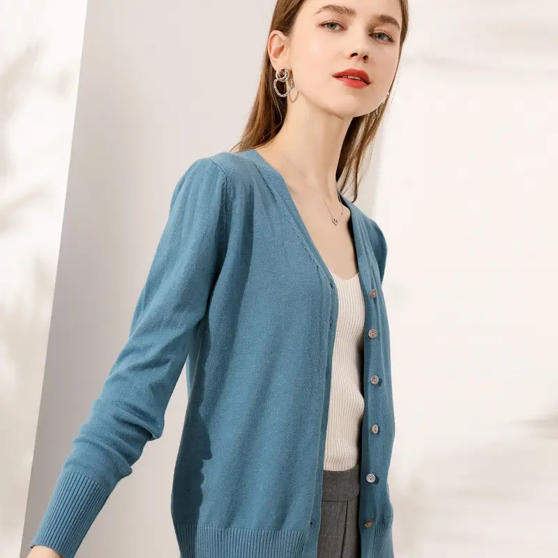 Women's Blue Knitted V-Neck Cardigan 2021 New Arrival - Image 18