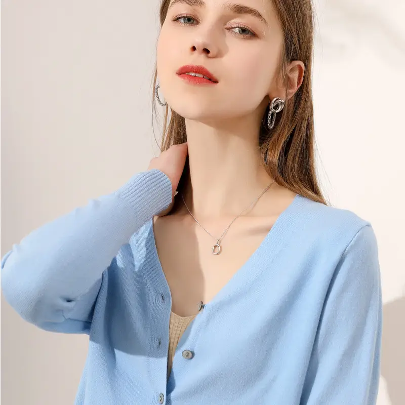 Women's Blue Knitted V-Neck Cardigan 2021 New Arrival - Image 19