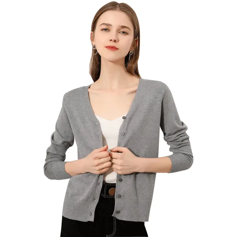 Women's Blue Knitted V-Neck Cardigan 2021 New Arrival - Image 21