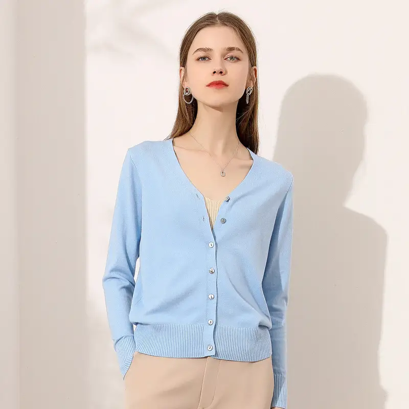 Women's Blue Knitted V-Neck Cardigan 2021 New Arrival - Image 15