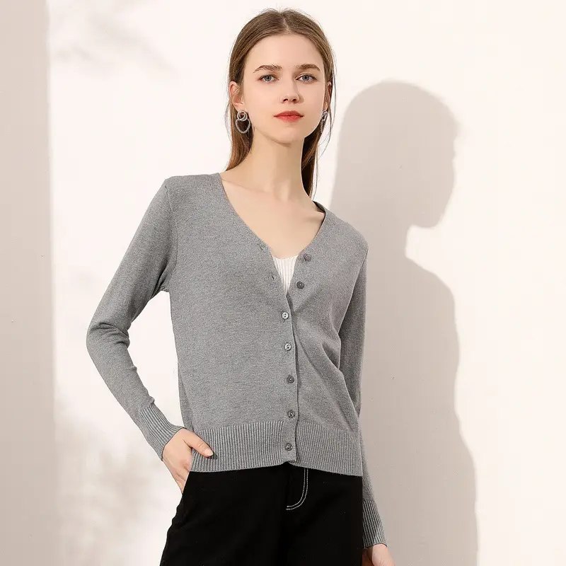 Women's Blue Knitted V-Neck Cardigan 2021 New Arrival - Image 2
